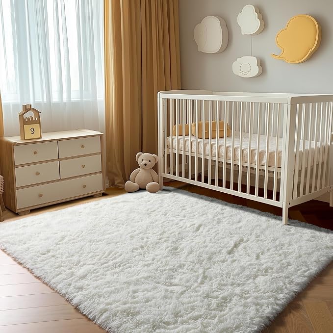 Cream White Rugs for Living Room Bedroom, 5x8 Fluffy Bedside Area Rug, Soft - Image 8