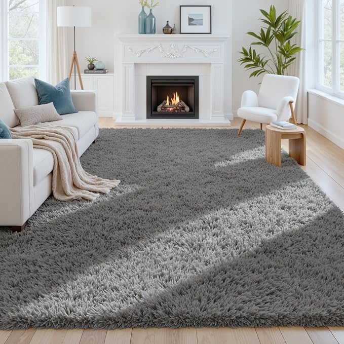 8x10 Fluffy Shag Area Rugs for Living Room Bedroom: Soft Carpet Light Gray | by CarpetAddColortoYourLife