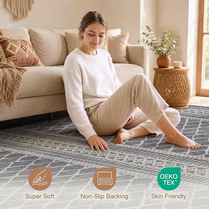 cotiled Boho 9x12 Area Rug for Living Room: Large Moroccan Washable Rug | Solve - Image 3