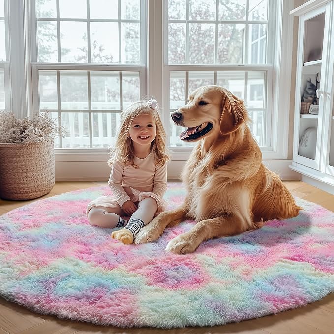 Rainbow Round Rugs 6ft for Living Room Bedroom, Fluffy Circle Area Rug for Kids - Image 5