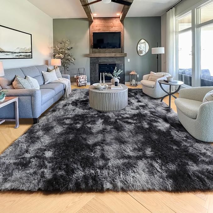 Abstract Fluffy Shaggy Rugs for Living Room Kids Room 5x8 Ft, Tie-Dyed Grey | - Image 8