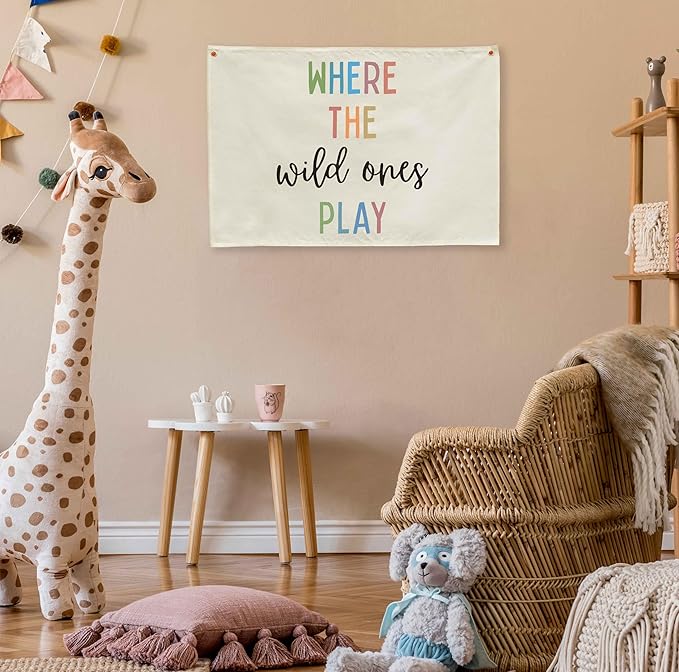 Playroom Rectangular Canvas Banner-Flag Wall Sign Decor for Kids Teen,Playroom Nursery Baby Room Bedroom Living Room Wall Decor-Where the Wild Ones Play-Baby Shower Birthday Christmas Gift