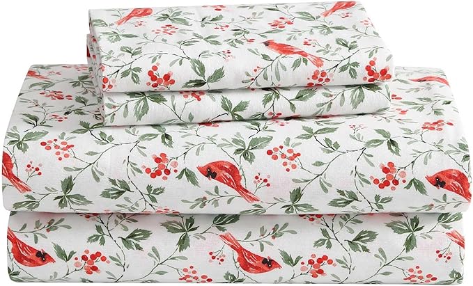 Laura Ashley - Flannel Sheets Full Size, Anti-Pilling & Wrinkle Resistant Cotton, Touchably Soft for All-Season Comfort - Bed Sheets with Matching Pillowcases & Fitted Sheet (Jolly Cardinals Green)