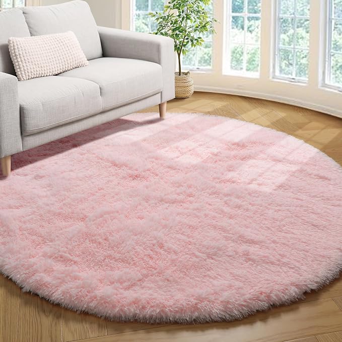 Light Pink Fluffy Round Rug 4ft - Image 6