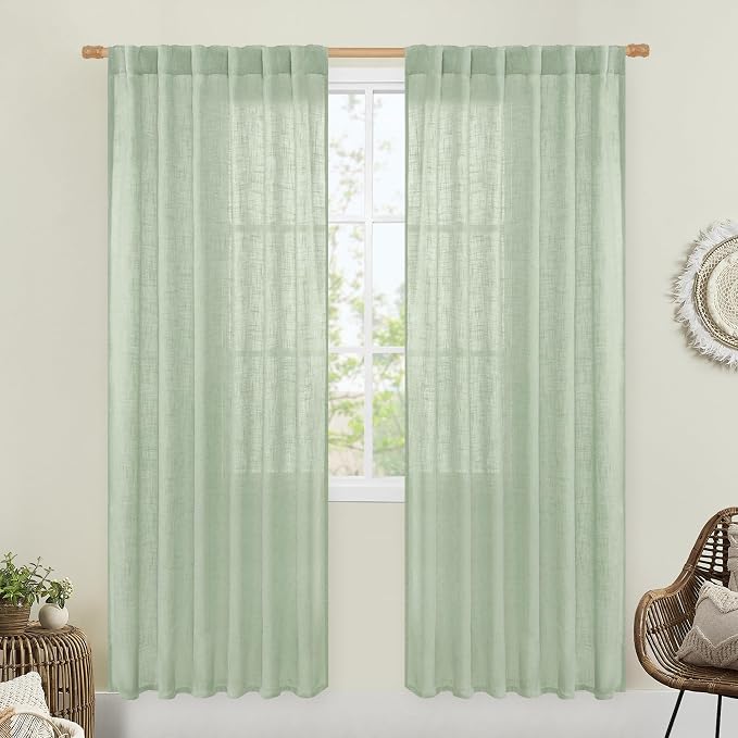Fresh Green Linen Curtains for Living Room Bedroom 2 Panels | 80 Inch Faux by LAMIT