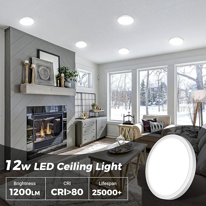 zemty LED Ceiling Light Fixture 6.5 Inch, 12W 1200lm Light Fixtures, Adjustable 3000K 4000K 6500K, Round Flat Ceiling Lamp for Bathroom Closet Hallway Laundry