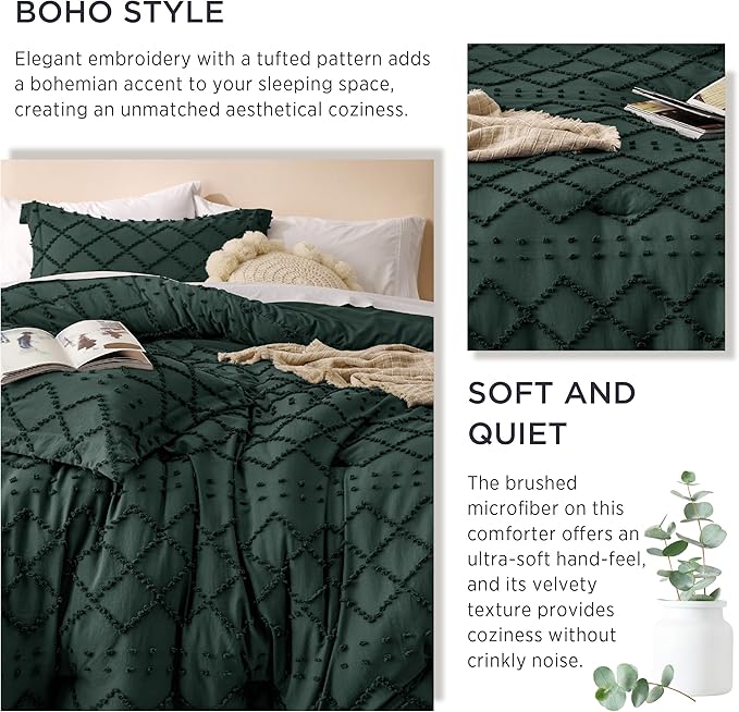 Bedsure Twin Comforter Set - Forest Green Comforter, Boho Tufted Shabby Chic Bedding for Kids, 2 Pieces Vintage Farmhouse Bed Set for All Seasons, Fluffy Soft Bedding with 1 Pillow Sham