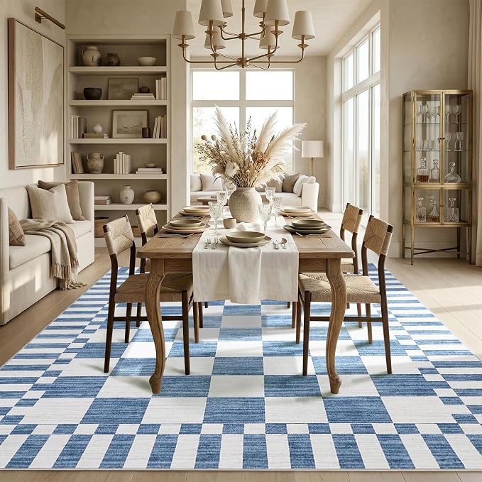 GarveeHome 8x10 Area Rugs Geometric Washable Modern Dark Blue Checkered Rug | - Image 5