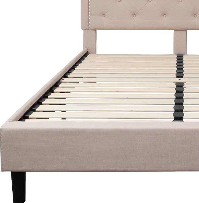 Flash Furniture Brighton Queen Size Tufted Upholstered Platform Bed in Beige Fabric