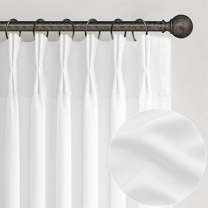 White Linen Sheer Curtains 84 Inches Long 2 Panels, Neutral Textured Pinch by PleatedDrapes