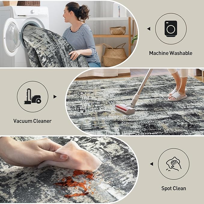 2'6''x8' Runner Rugs Washable Rug: Modern AbstractBlack Grey Gold Carpet | - Image 2