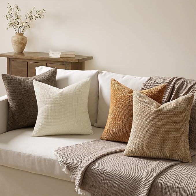 MIULEE Decorative Chenille Fall Euro Pillow Covers Brown 24x24 Pack of 4 | - Image 3