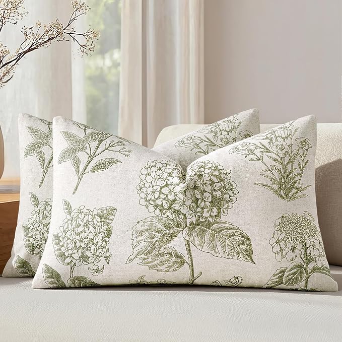 Set of 2 Lumbar Floral Pillow Covers 12x20 Inch Light Green | Decorative by SWANCOCO