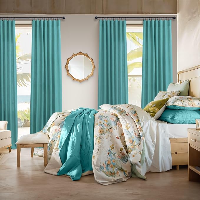 Pitalk Teal Linen Curtains 84 Inches Long 2 Panels Back Tab Rod Pocket Pleated - Image 3