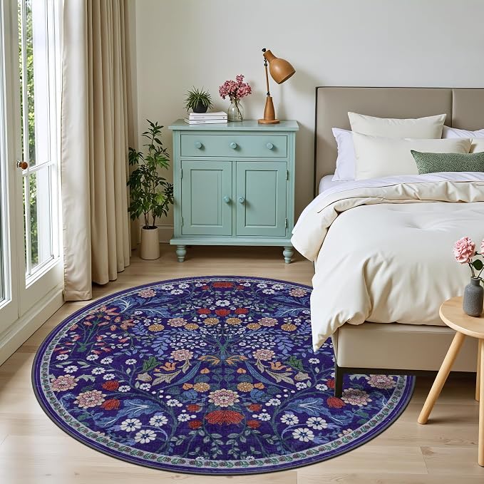 PLHXFR Round Area Rug Living Room: 6 ft Floral Washable Soft Carpet Blue | - Image 3