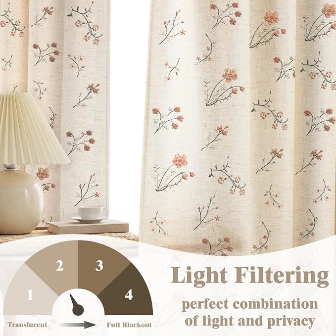 Floral Embroidered Light Filtering Curtains 63 Inch 2 Panels | Linen Blend - Image 2
