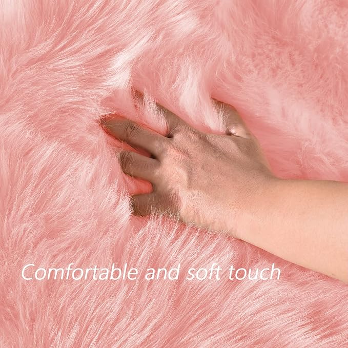 Latepis Pink Faux Fur 4'x5'10" Area Rug, Soft Plush Faux Fur Sheepskin Rugs - Image 4