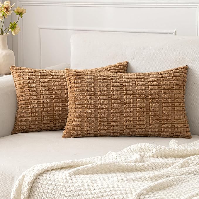 MIULEE Lumbar Corduroy Decorative Throw Pillow Covers 12x20 Brown Pack of 2 | by MIULEE