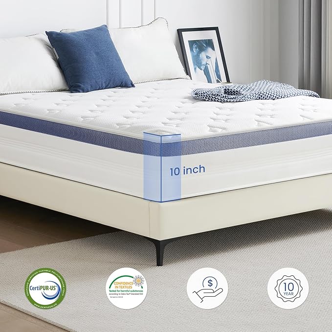 Full Size Mattress 10 Inch, Hybrid Full Mattress in a Box with Cooling Gel Memory Foam and Individually Pocket Innerspring for Support and Pressure Relief, Medium Plush