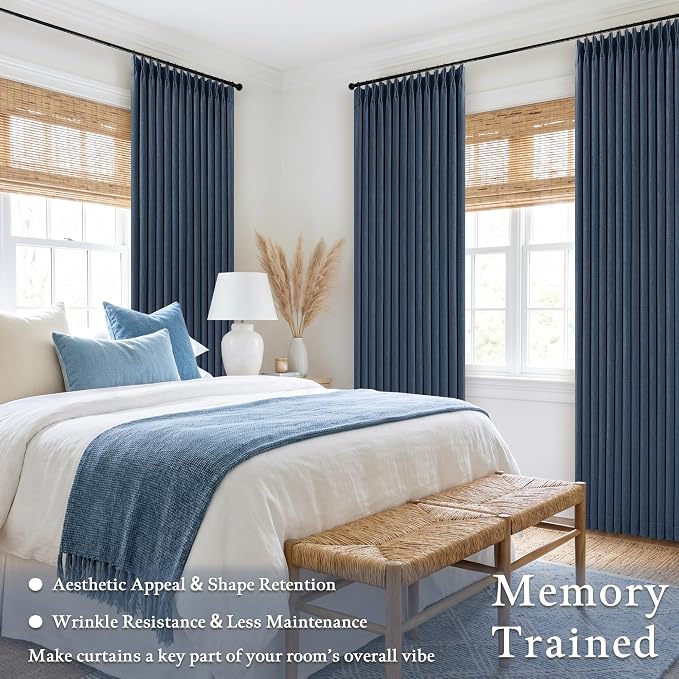 Dark Blue 96 Inch Pinch Pleated Blackout Memory Trained Linen Curtains | Memory - Image 3