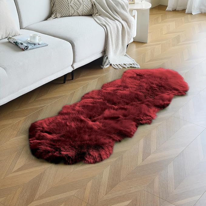 duduta Burgundy Faux Sheepskin Runner Rugs 2x6 ft, Fluffy Fur Couch Covers | - Image 5