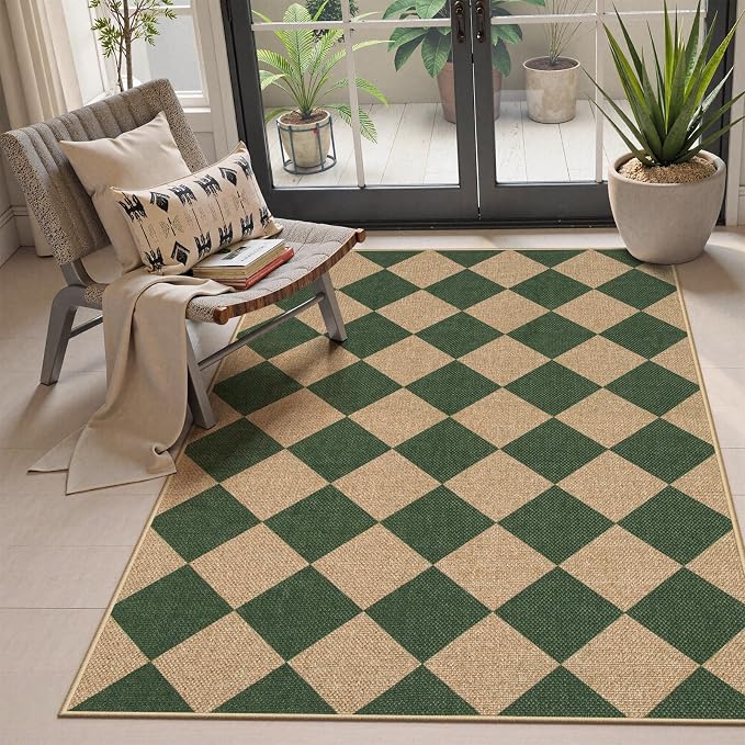 Lahome Checkered Easy Jute 3x5 Outdoor Patio Rug, Washable Rugs Green | Front by Lahome