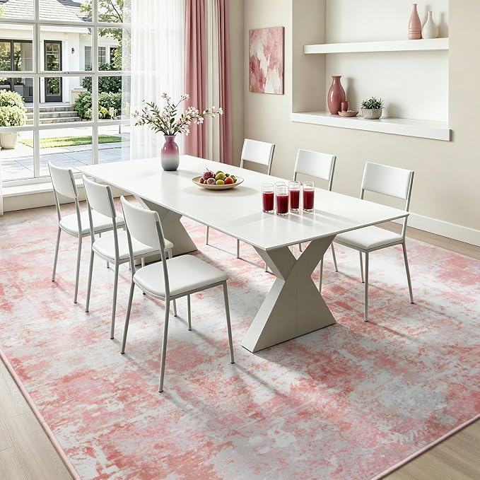 Rugflix 8x10 Area Rugs for Living Room, Washable Pink White Large Rug | Machine - Image 4