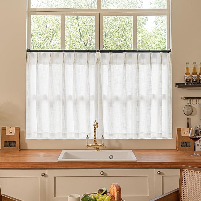 Beige White Linen Pleated Curtains 30 Inch Length Light Filtering | Semi Sheer by Twodrapes