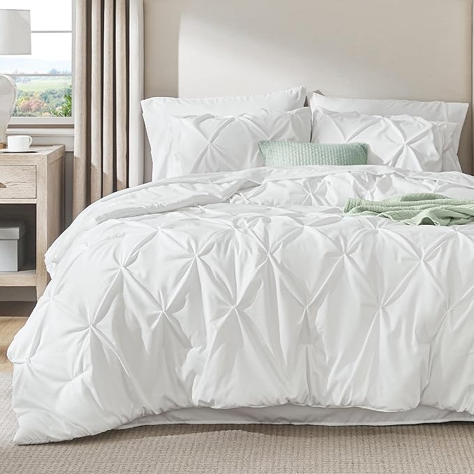 Bedsure Twin Comforter Set White - Bed in a Bag Twin Size Bedding 5 Pieces, GentleSoft™ Pintuck Bed Set Gift for Family, Pinch Pleat White Comforter with Sheets, Pillowcase & Sham