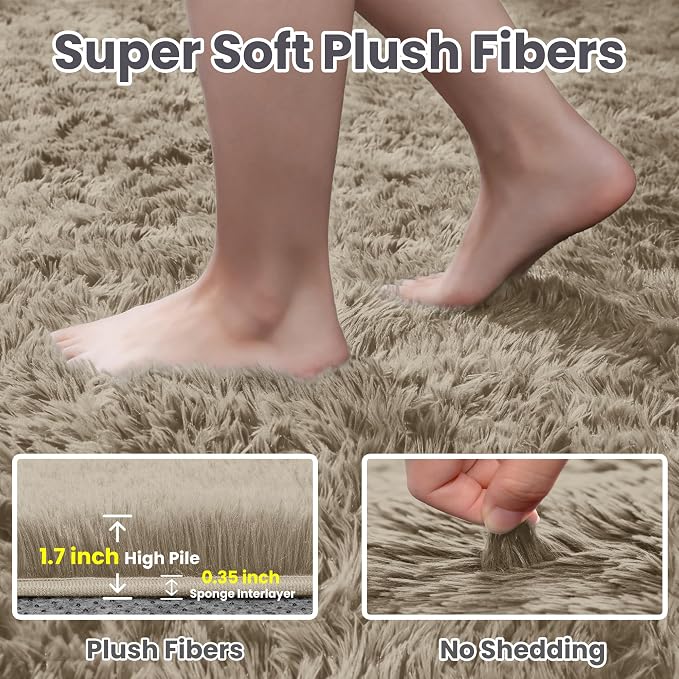 8x10 Fluffy Shag Area Rugs for Living Room Bedroom: Soft Carpet Gray Camel | - Image 5