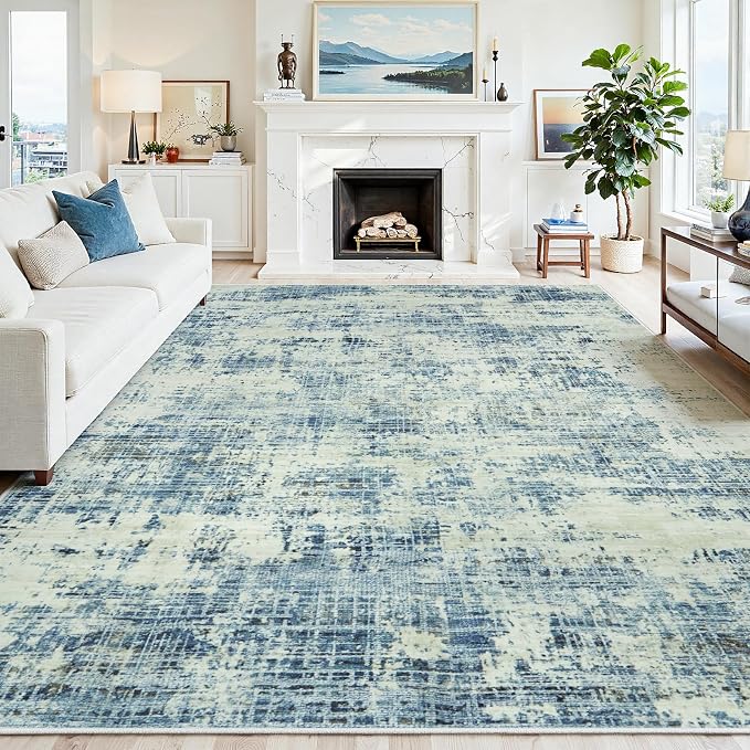 10x14 Washable Area Rug for Living Room Bedroom: Non-Slip Modern Blue Gray | by Oriannal