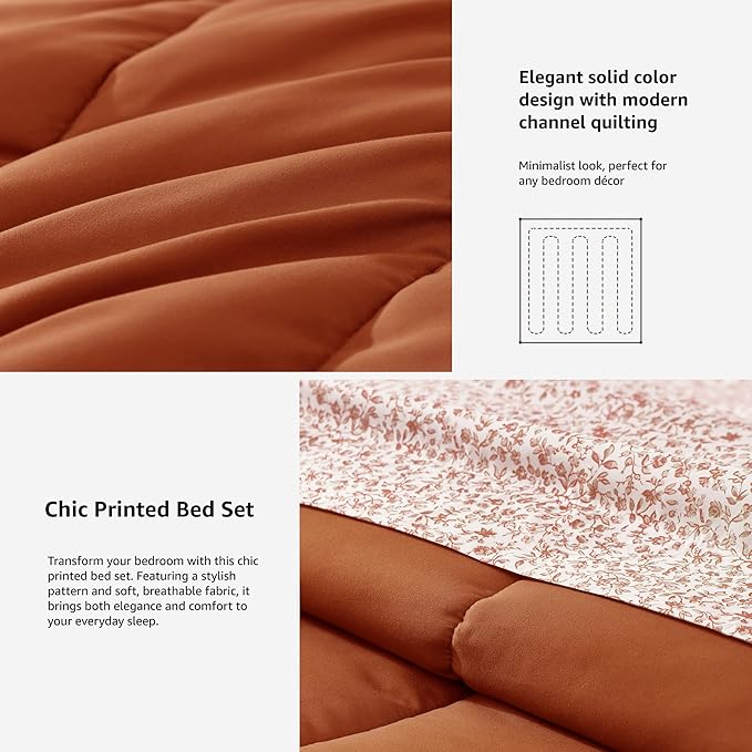 Monbix Queen Comforter Set - 7 Pieces Burnt Orange Bed in a Bag Queen Track Stitching Bedding Sets, All Seasons Down Alternative Comforter Bed Set with Sheets,Pillowcases & Shams
