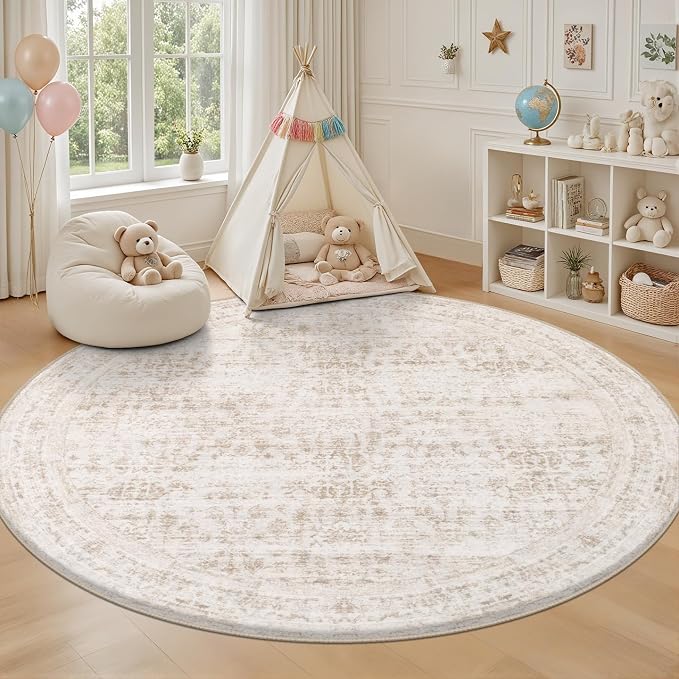 Round Area Rug for Living Room: 4ft Boho Washable Rug Beige Brown | Vintage - Image 5