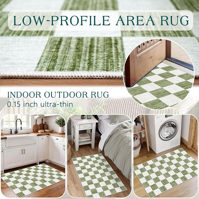Front Door Mat Outside Entrance 2x3 Green White Checkered Rug | Non-Slip - Image 5