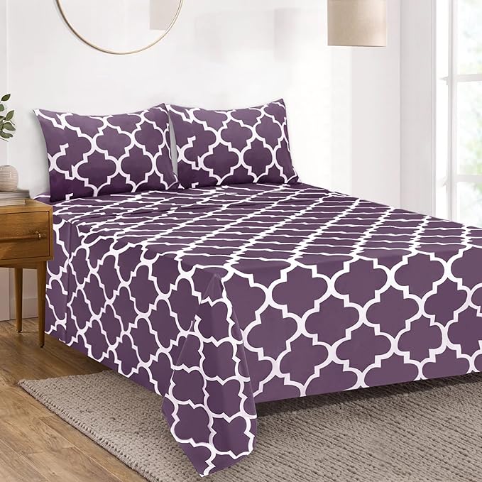 Mejoroom Full Bed Sheet Set - Super Soft Brushed Microfiber 1800 Thread Count Full Sheets with 16 inch Deep Pocket - Wrinkle Free - 4 Piece(Purple Quatrefoil with White Pattern)