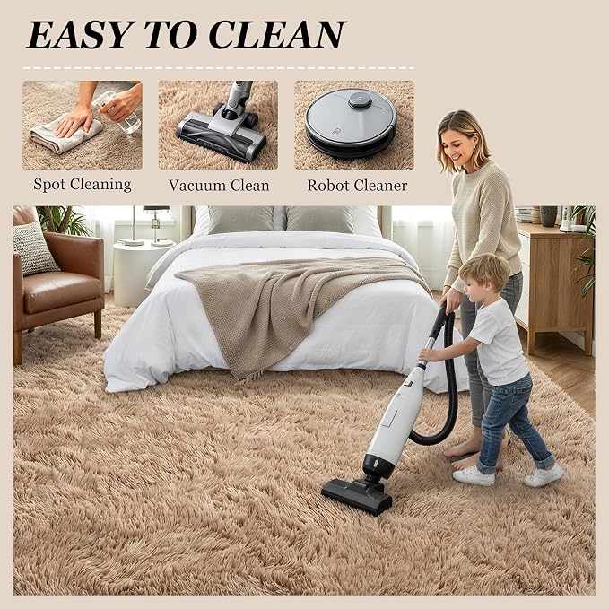 Area Rug Living Room Bedroom: 4x6 Fluffy Plush Shag Carpet Beige | - Image 8