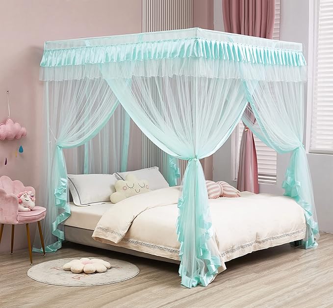 Mengersi Canopy Bed Curtains Full Size,Bed Canopy Royal Luxurious Cozy Drape Netting - Cute Princess Bedroom Decoration Accessories (Sky Blue)