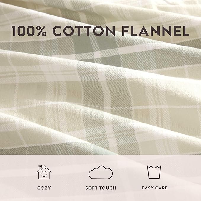 Laura Ashley - Flannel Sheets Full Size, Anti-Pilling & Wrinkle Resistant Cotton, Touchably Soft for All-Season Comfort - Bed Sheets with Matching Pillowcases & Fitted Sheet (Mulholland Plaid Green)