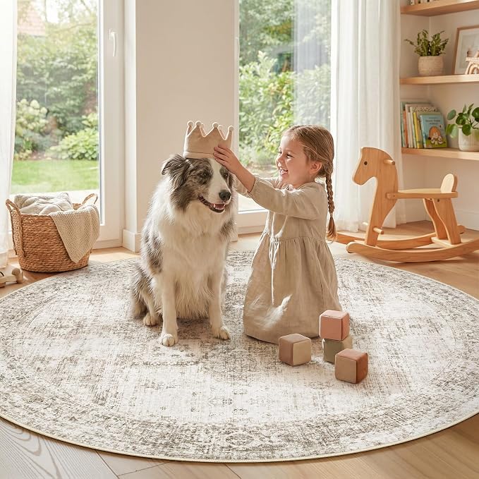 Round Rugs 6ft Washable Rug, Vintage Boho Medallion Rugs Non-Slip Soft Low Pile - Image 2
