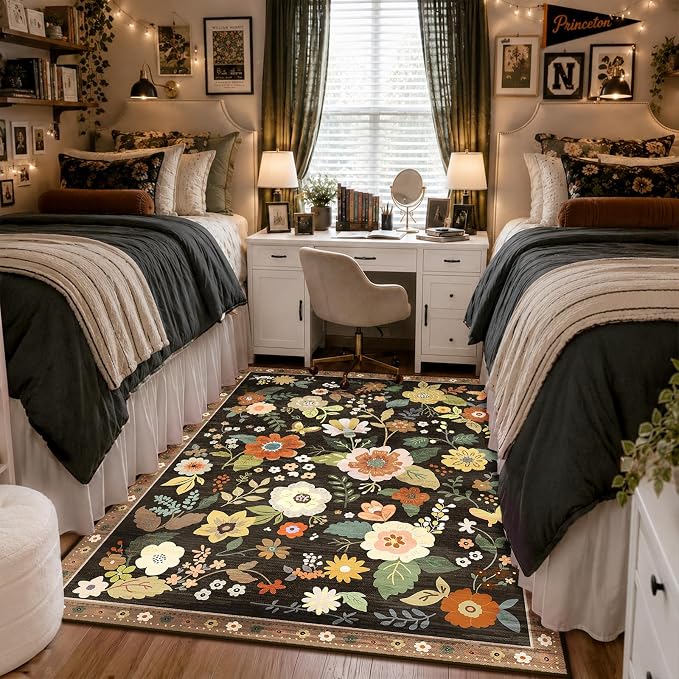 RELEANY Floral Washable 4x6 Area Rugs Black/Yellow | Flower Carpet Print Boho by RELEANY