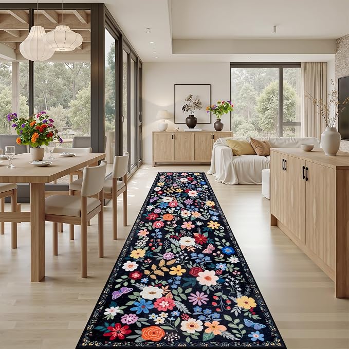 PLHXFR 2.6x14 Washable Runner Rug：Floral Indoor Kitchen Soft Carpet Black | - Image 4