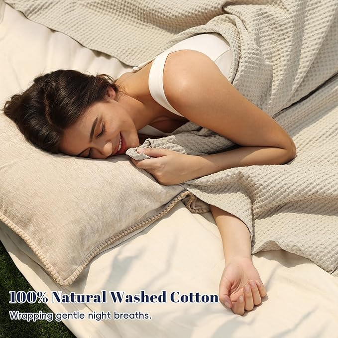 PHF 100% Cotton Waffle Weave Blanket Queen Size for Bed,Snag Proof Lightweight Breathable Moisture-Wicking Throw for Couch,Great for Layering in Cold Weather,Machine Washable, Home Decor Gift-Linen