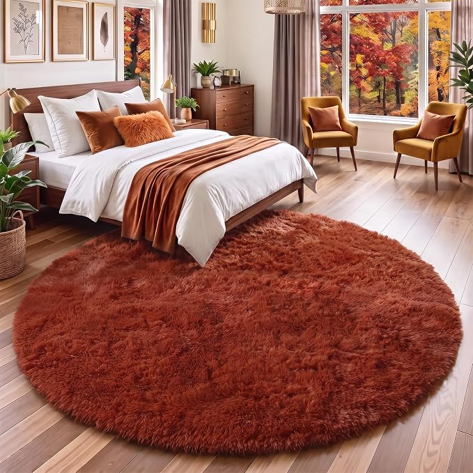 Amdrebio Terracotta Large Furry Round Rug 6Ft by Amdrebio