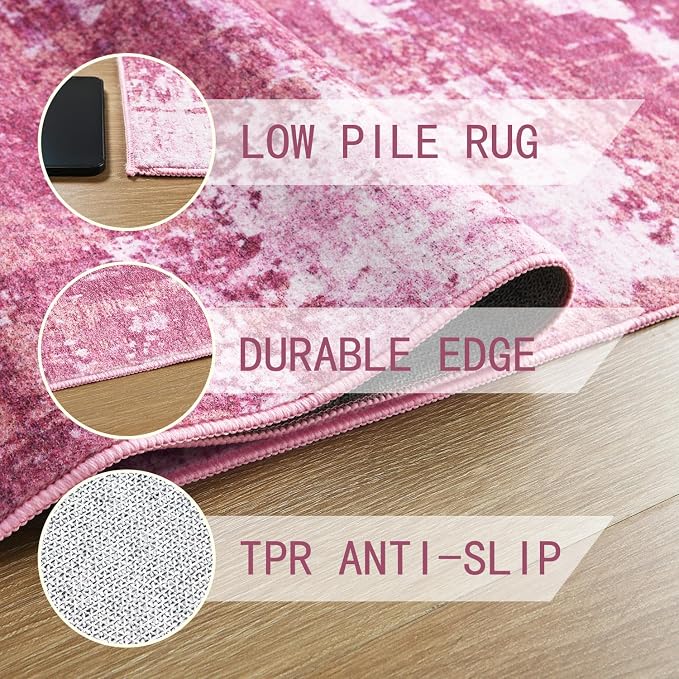 Area Rug 4x6 Pink Rug Washable Boho Rugs Non Slip Low Pile Abstract Small Carpet - Image 6