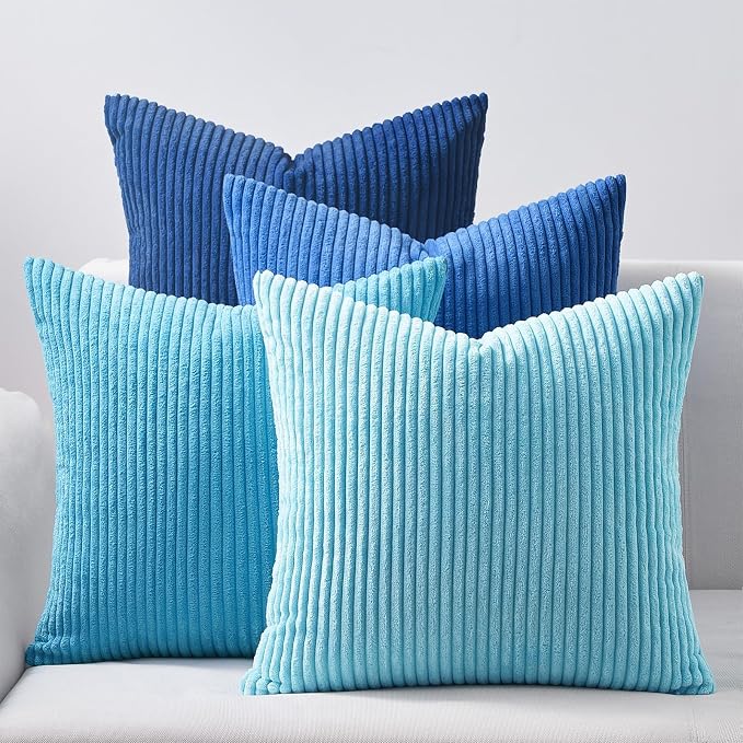 Topfinel Blue Throw Pillow Covers 18x18 Inch Set of 4, Soft Accent Corduroy by Topfinel