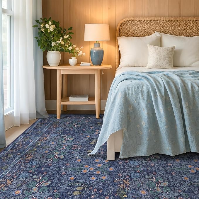 Dark Blue Living Room Rug 8x10, Vintage Floral Washable Area Rugs - Image 4