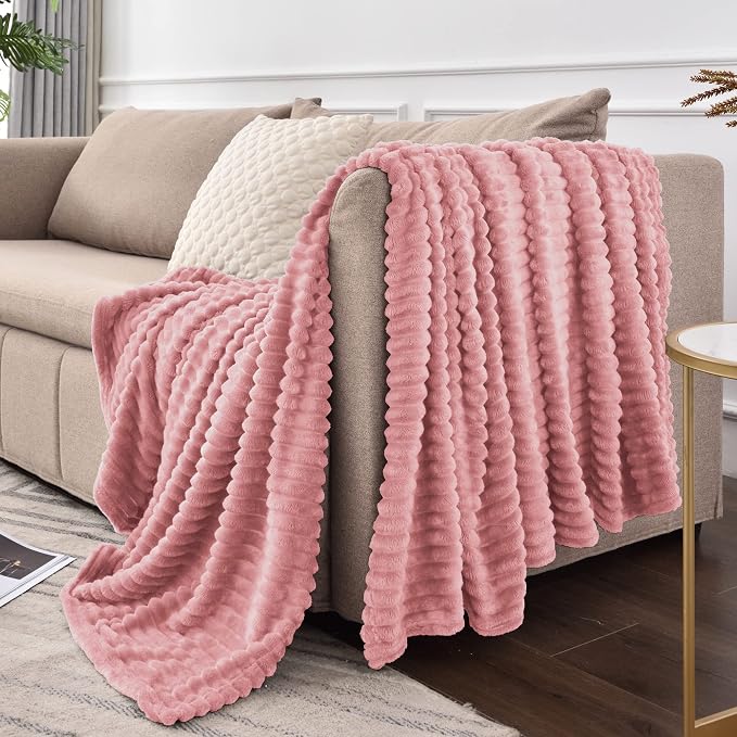 BEDELITE 3D Ribbed Jacquard Pink Fleece Twin Blanket - Image 9