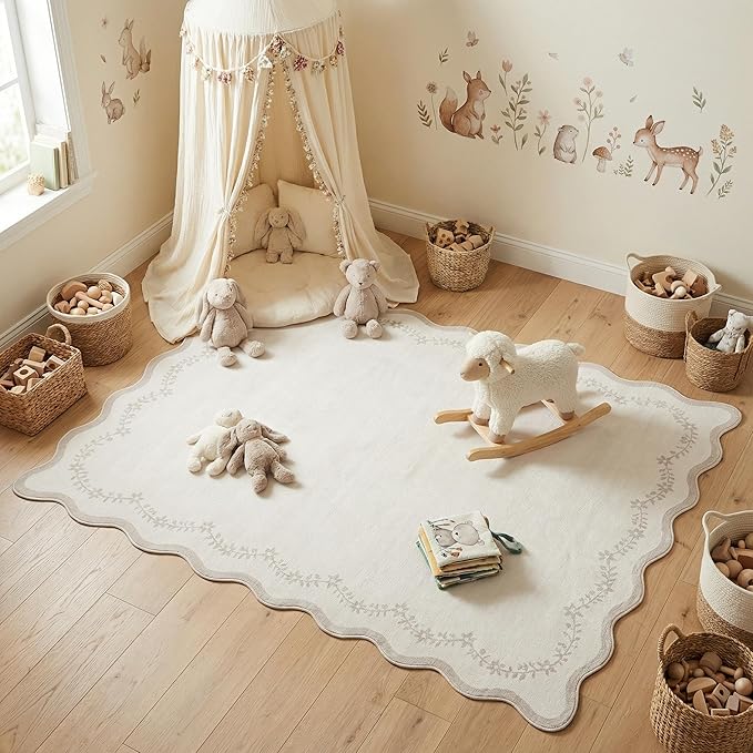 GarveeHome 4x6 Scalloped Washable Area Rug Beige Nursery Kids Bedroom Rug | - Image 2