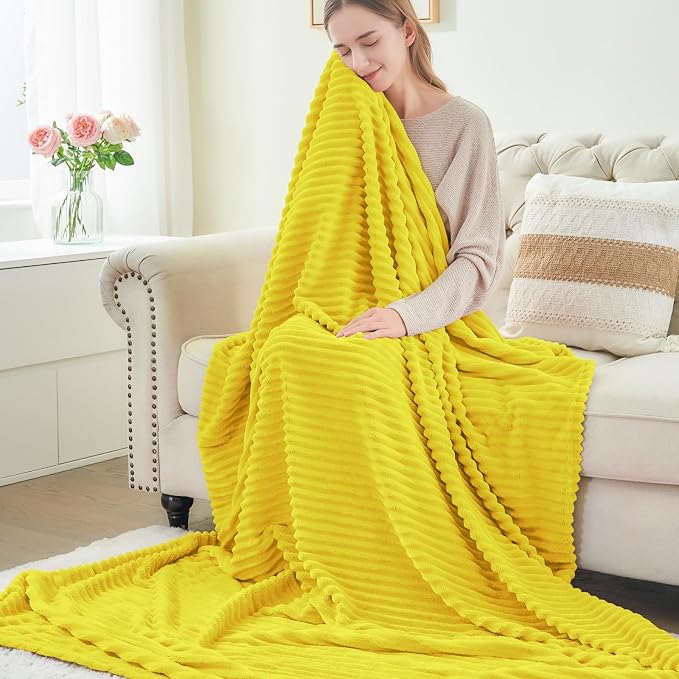 BEDELITE Ribbed Jacquard Yellow Fleece Throw Blanket - Image 4