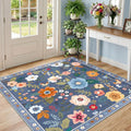 RELEANY Floral Washable Square 5ft Area Rug Blue/Grey | Flower Carpet Print by RELEANY
